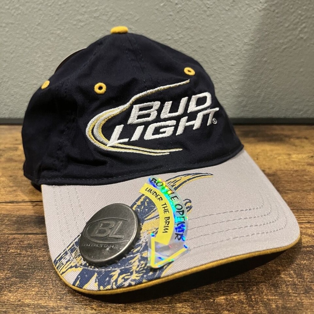 Bud Light Cap Hat Adult Adjustable Bottle Opener Distressed Cotton NWT